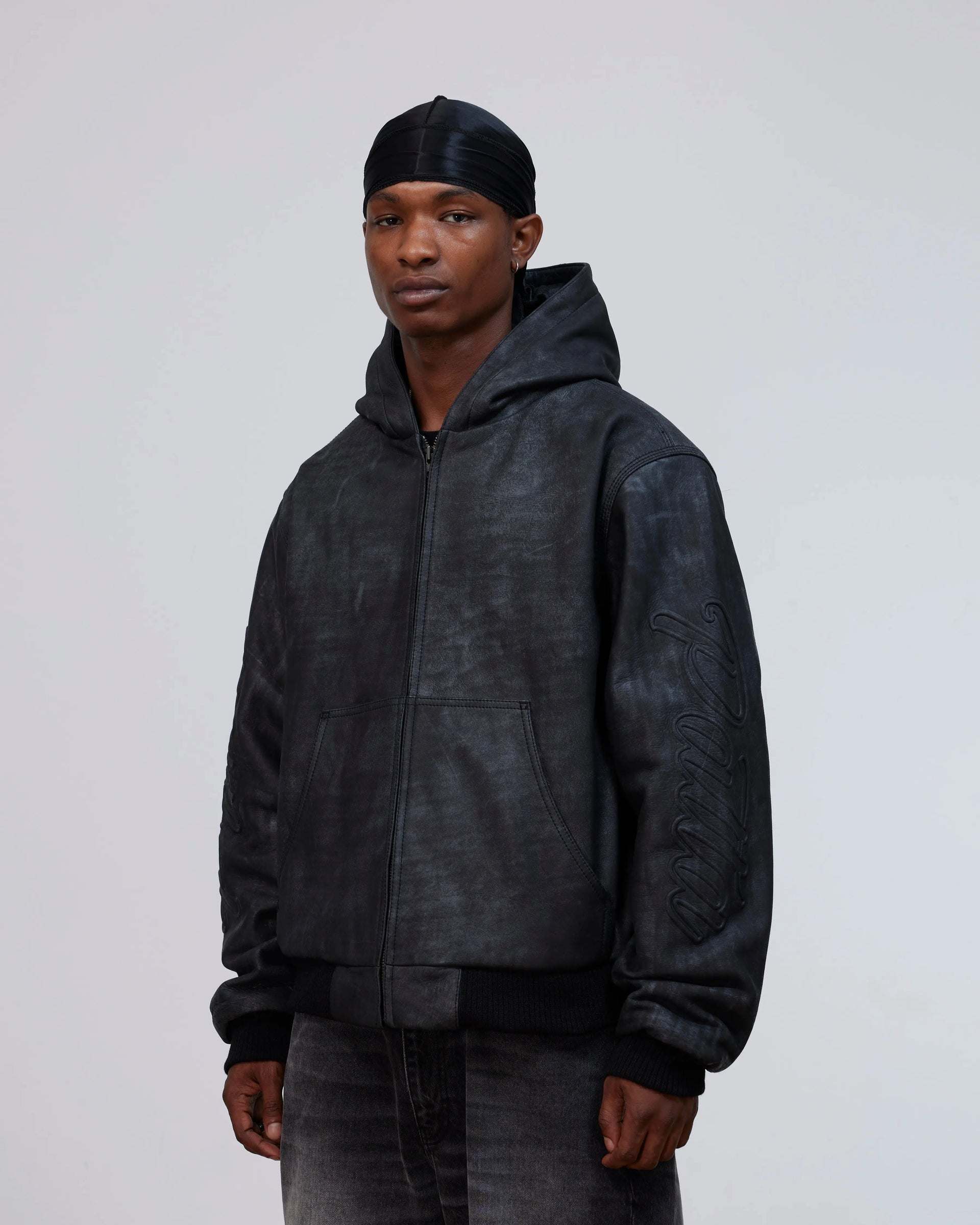 Patta Leather Hooded Bomber Jacket (Black) Patta
