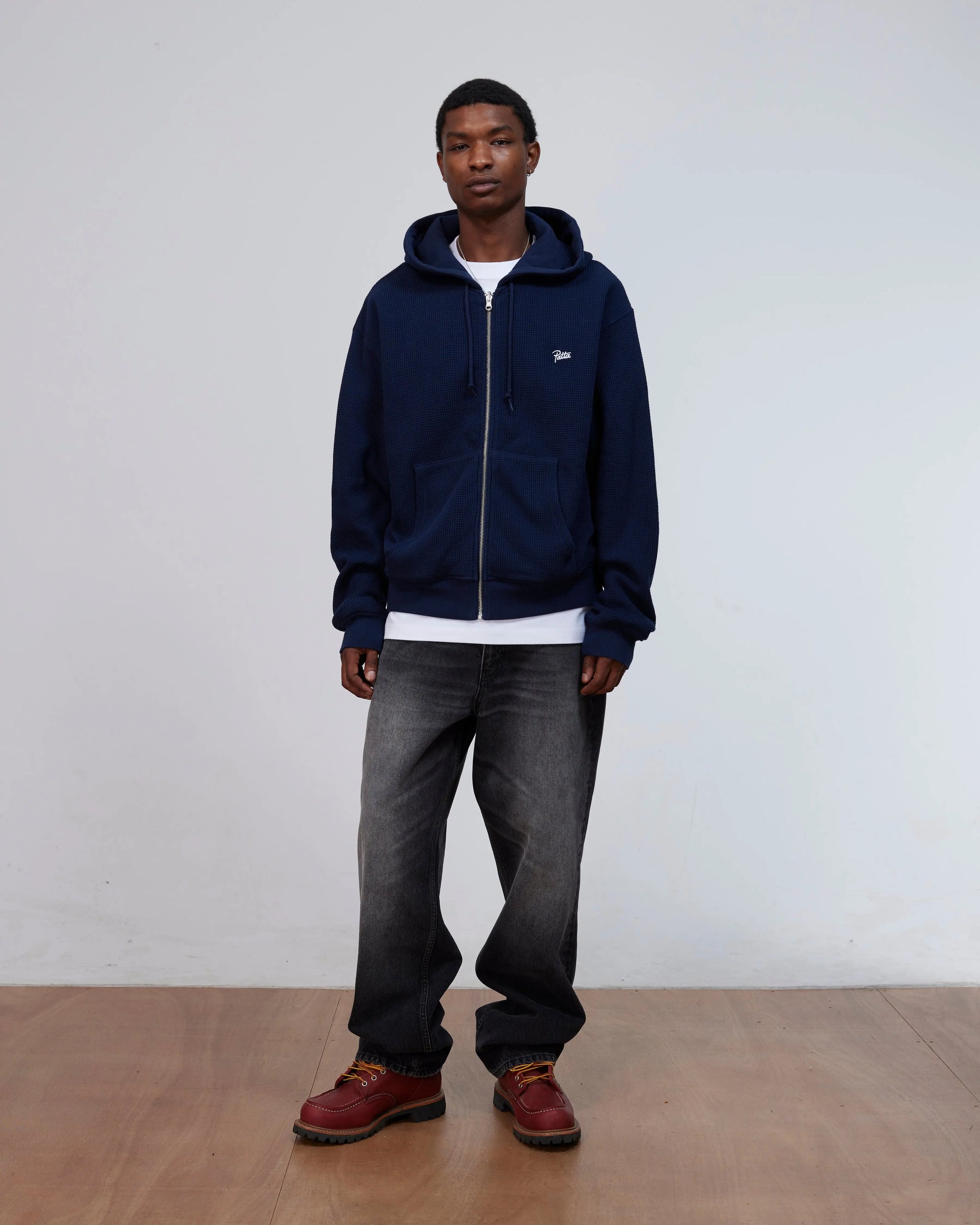Patta Waffle Reversible Zip Up Hooded Sweater (Black Iris) Patta