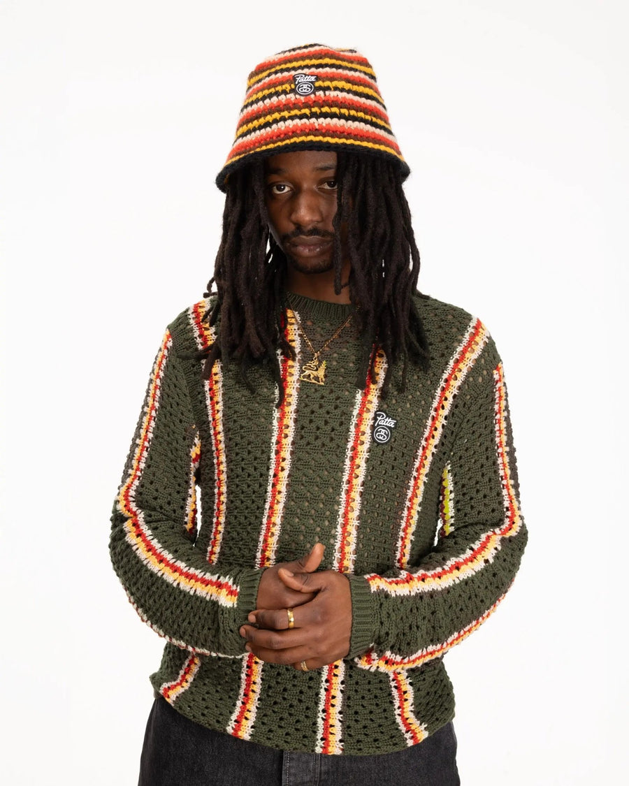 Patta x Stussy Stripe Loose Gauge Crewneck Sweater (Olive) - Patta